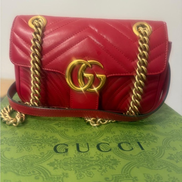 Gucci Handbags - Gucci Crimson Leather Shoulder Bag with Gold Chain